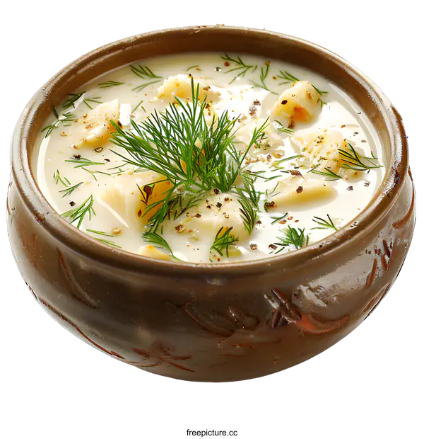 [Transparent Background PNG]Fish soup with dill in a ceramic bowl