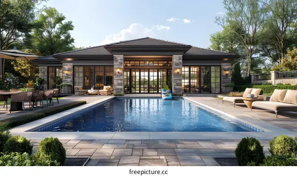 Modern house exterior with pool