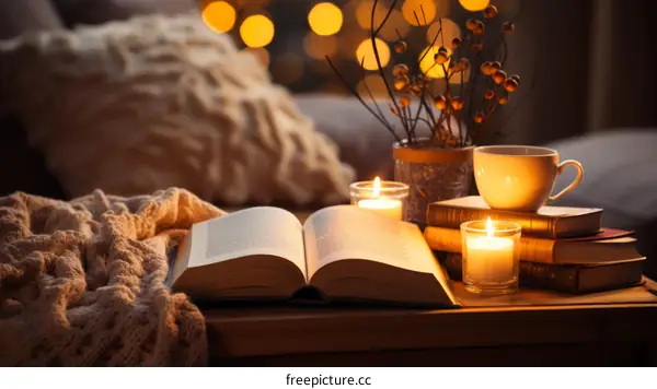 Still life with open book, cup and candles