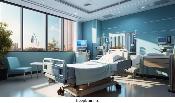 A hospital room with a patient in bed