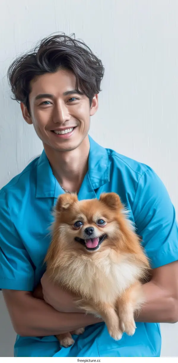 Asian man holding a Pomeranian dog