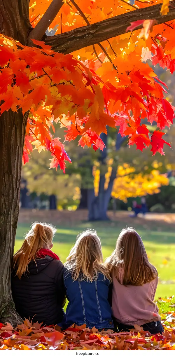 Three Girls Sitting Underneath a Tree with Red Leaves in Autumn