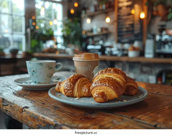 Freshly baked croissants on a plate with cup of coffee in the background