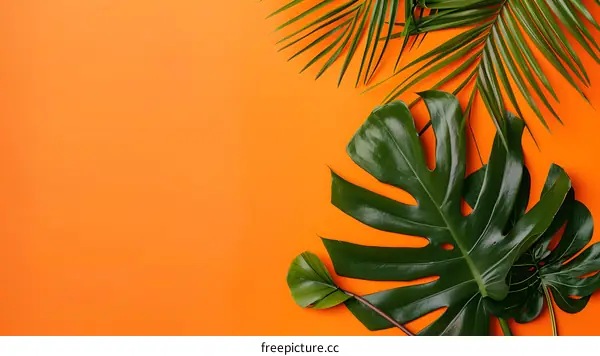 Tropical Leaves on Orange Background