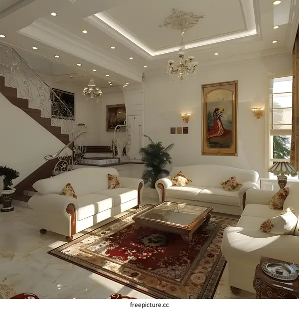 Luxurious Living Room Interior Design with White Couches and a Chandelier