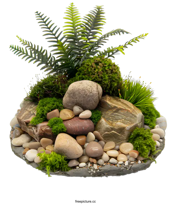 [Transparent Background PNG]Miniature Rock Garden with Ferns and Moss