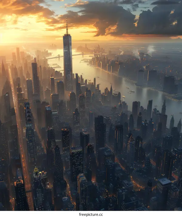 Aerial View of New York City Skyline at Sunrise