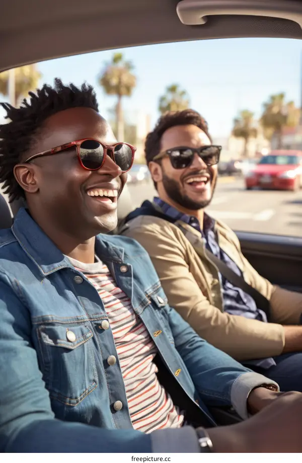 Two men laughing and driving in a car