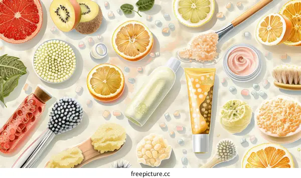 Beauty products and natural ingredients on a sandy background