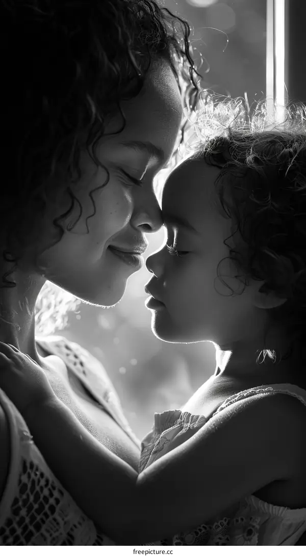 Black and white portrait of a mother and her daughter