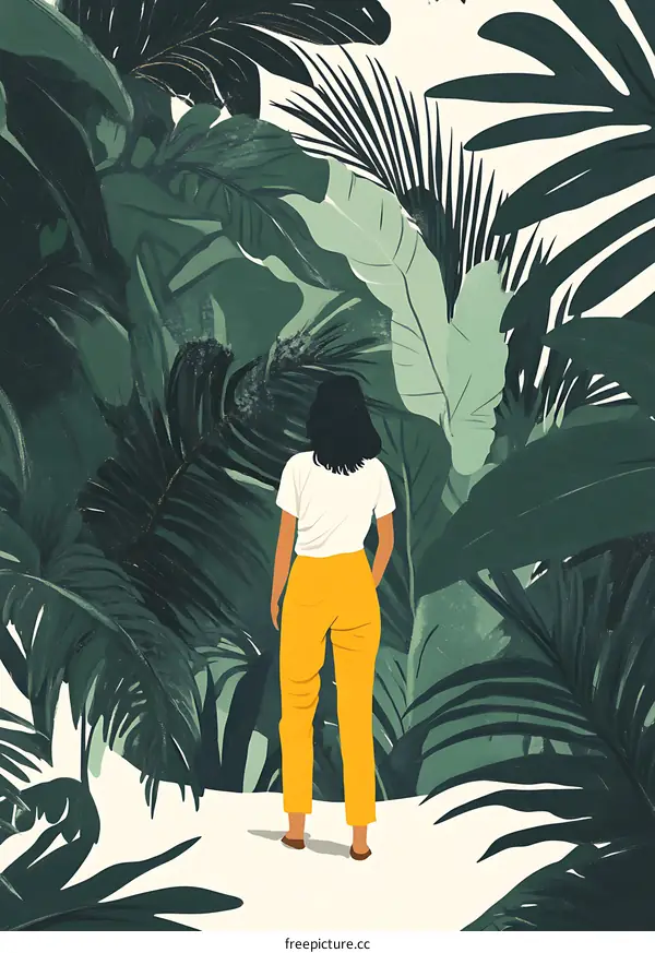 Woman in Yellow Pants Standing in a Tropical Forest