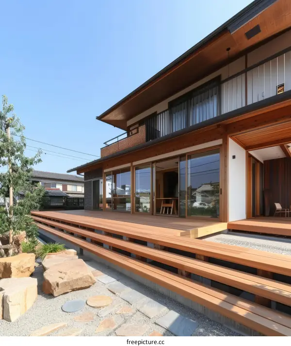 A Wooden House with a Deck and Garden