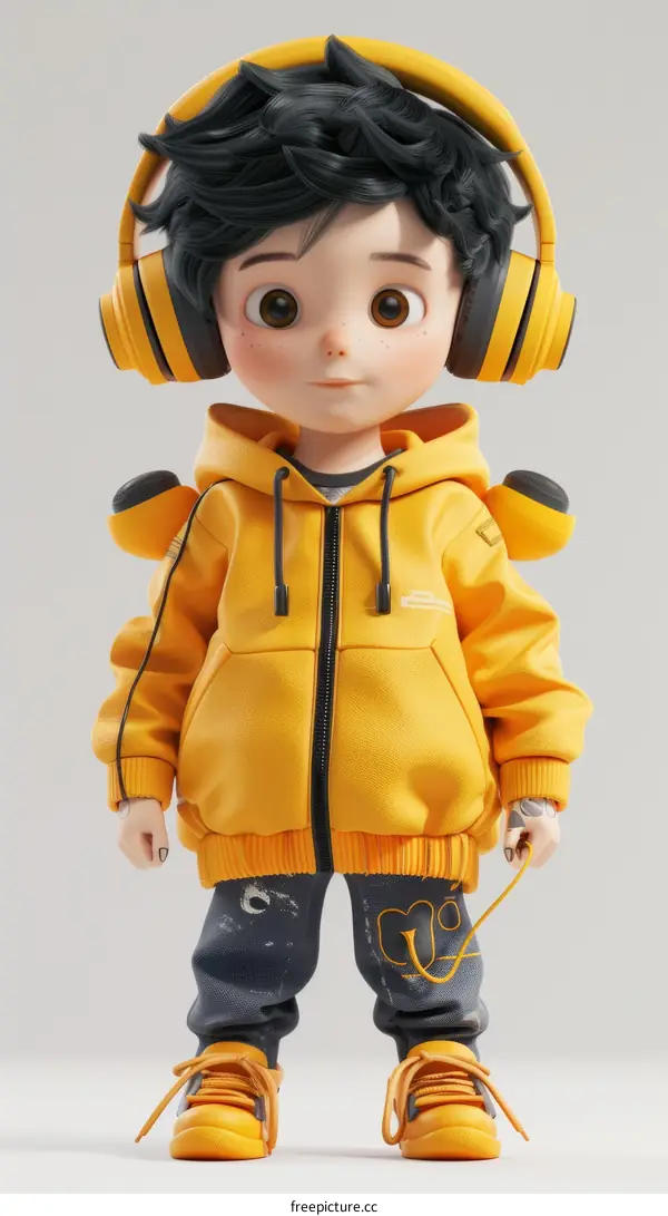 3D rendering of a young boy wearing a yellow hoodie and headphones