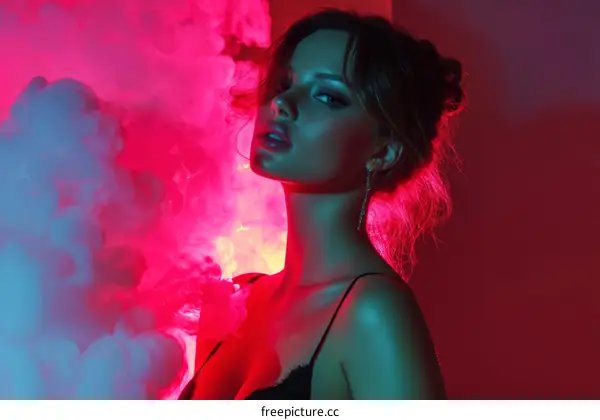 Stylish Woman in Neon Light and Smoke