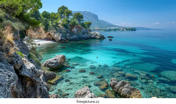 Rocky beach and crystal clear sea water in Greece