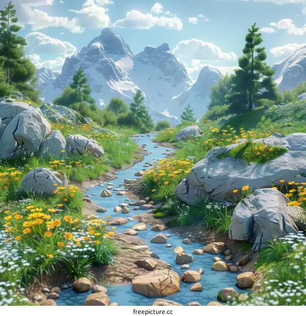 Stunning Mountain Landscape with River, Rocks, Trees, Grass, and Flowers