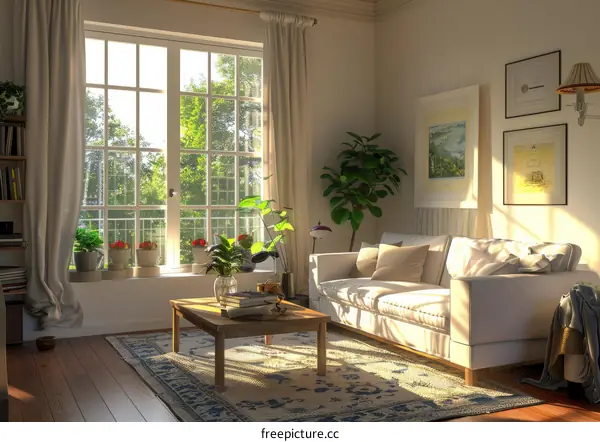 Bright and Sunny Living Room with Large Window, Sofa, and Coffee Table