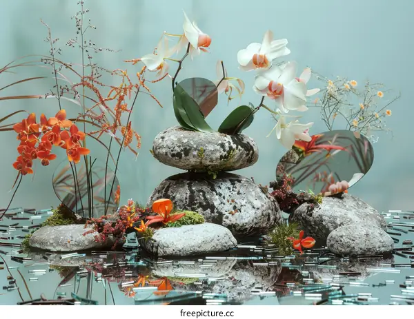 Orchids and Rocks Over Mirrored Surface