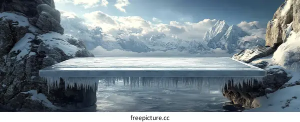 Frozen Ice Platform in Snowy Mountains
