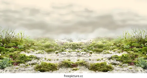 Green Moss Covered Ground With a Foggy Sky