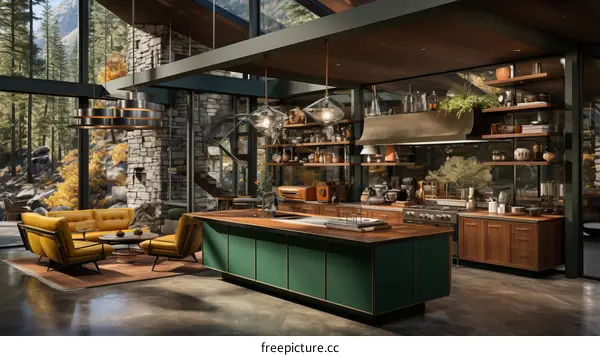 kitchen island with green cabinets and wood countertop in a modern house