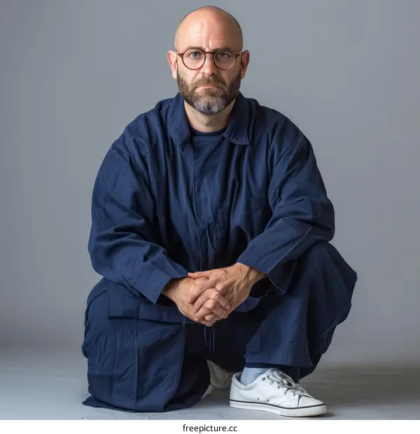 Portrait of a bald man with beard and glasses crouching