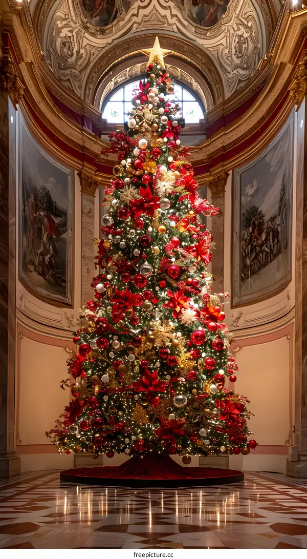 A large decorated Christmas tree stands in a grand hall with ornate columns and a coffered ceiling.