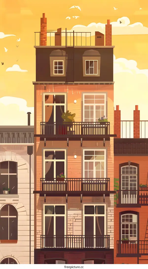 Colorful Illustrated Building Facade with Balconies