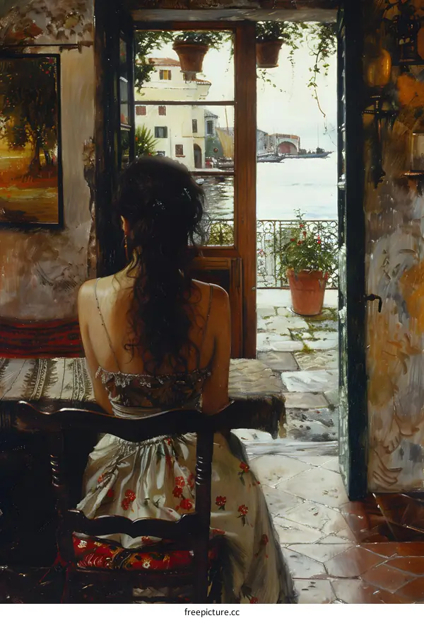 Woman Sitting by Window with View of Water and Buildings