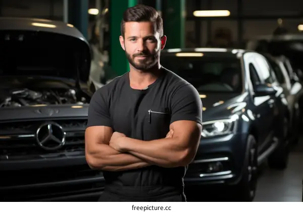 Bearded mechanic standing in front of luxury cars with arms crossed