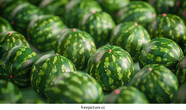 A close-up image of a pile of green watermelons.