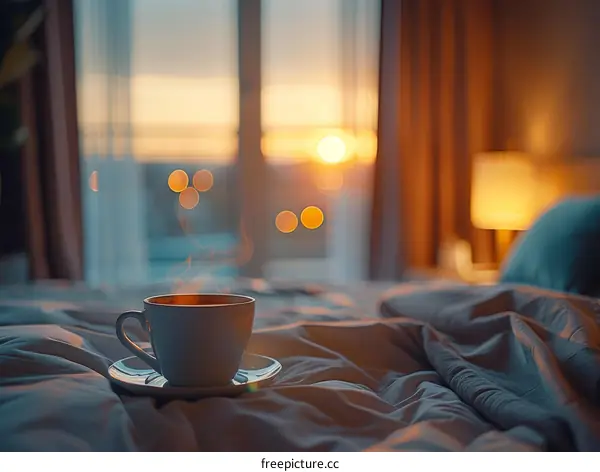 Coffee on a Bed, Sunset in Background