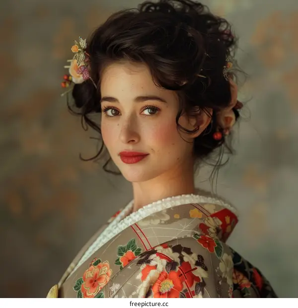 Portrait of a young woman in a kimono with flowers in her hair
