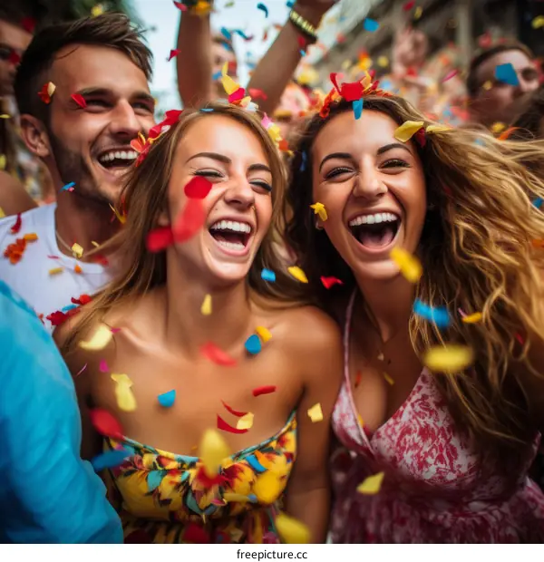 Three young people celebrating with confetti falling down