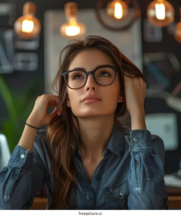 Portrait of a Woman with Glasses Looking Up in a Cafe