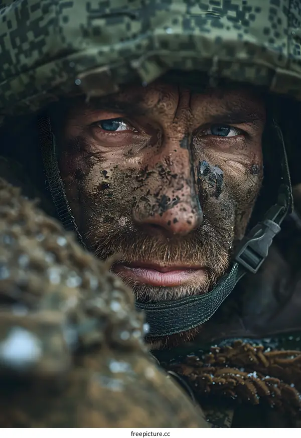 Portrait of a soldier with camouflage on his face