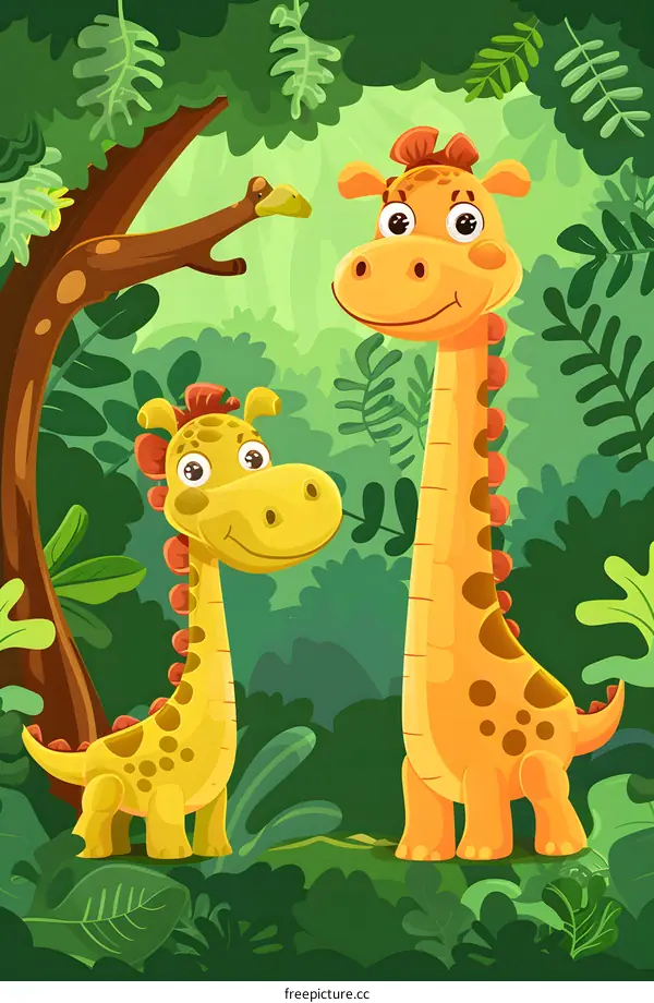 Cute Cartoon Giraffes in the Jungle