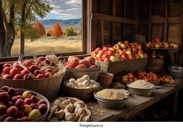 Autumn Harvest of Ripe Apples and Corn