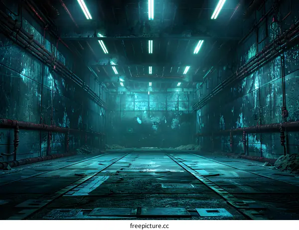 Dark Industrial Underground Tunnel with Fluorescent Lights