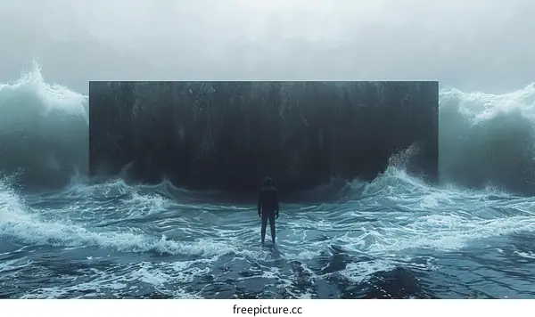 Man standing in front of a large black monolith in the middle of the ocean
