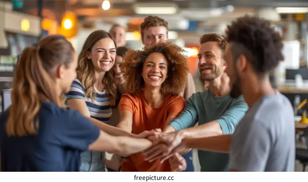 Multiethnic group of business professionals joining hands in solidarity and unity