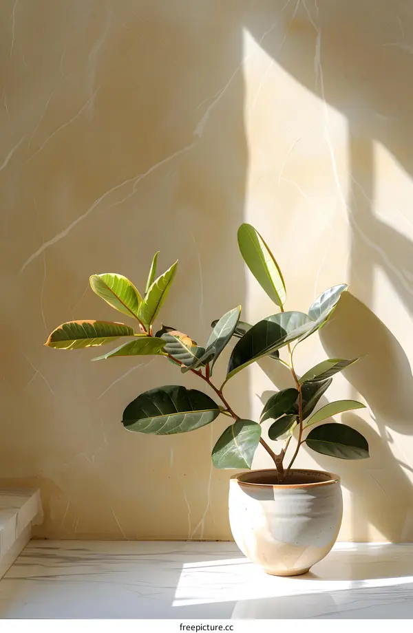 Green Plant in a Pot on a White Countertop with a Beige Wall Background
