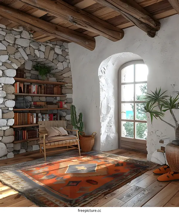 Retro home interior with stone wall and wooden ceiling