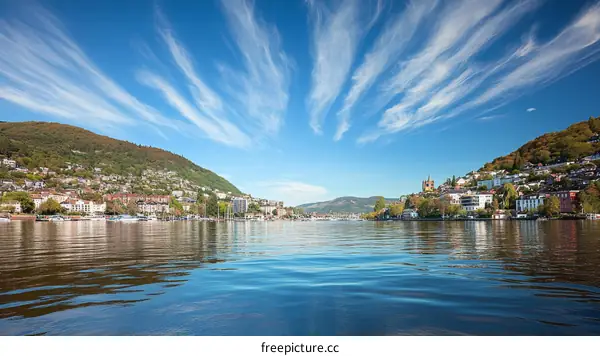 Panoramic Lakeside Town Scene Under a Dramatic Sky