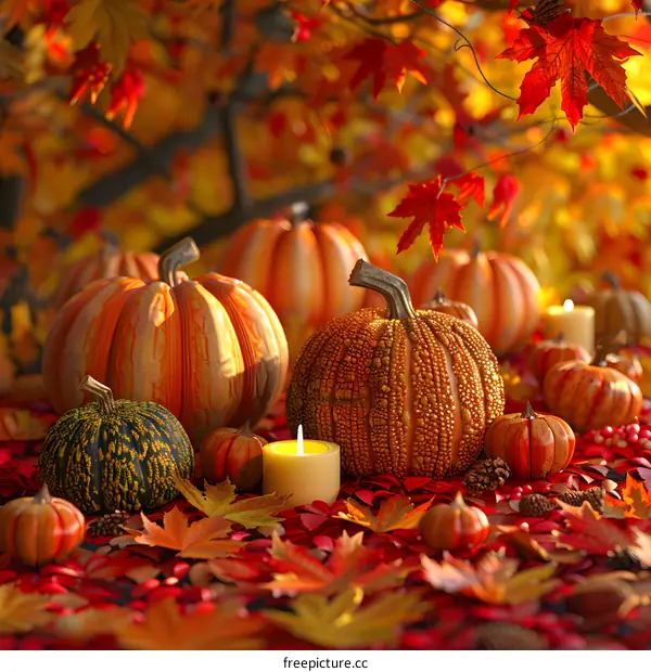 Pumpkins and red leaves