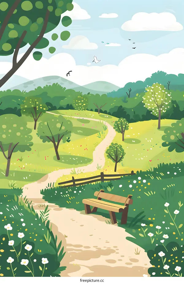 Beautiful Spring Landscape With Bench And Winding Path