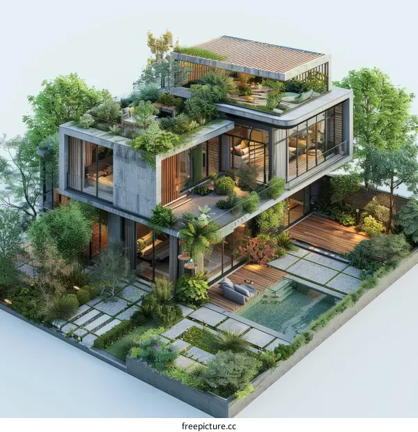 Modern Eco House with Green Roof and Garden