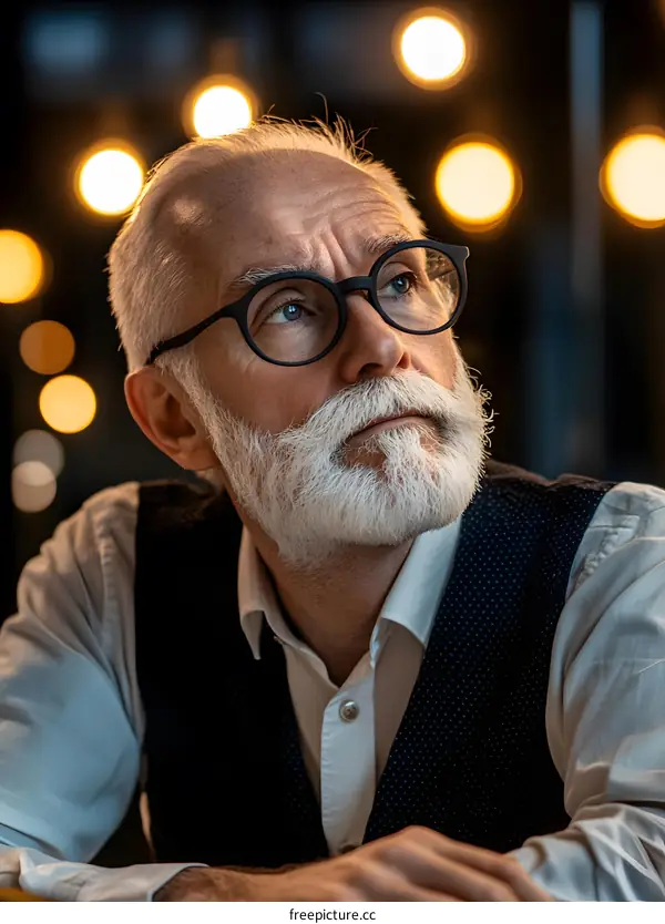 Portrait of a Handsome Senior Man with a White Beard Wearing Glasses Looking Upwards in Thought