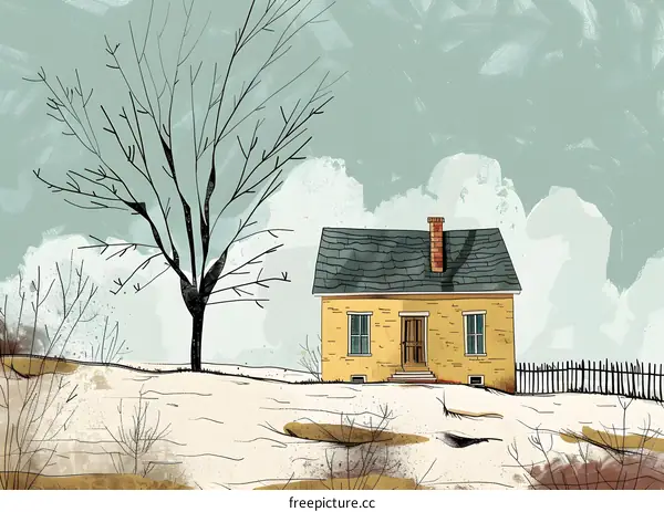 Winter Illustration of a Yellow House with a Tree