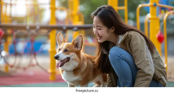 Asian woman playing with a corgi dog in the playground